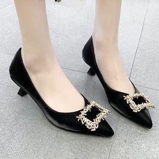 Pointed Embellished Flared Heel Pumps