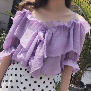 Plain Ruffle Trim Off Shoulder Elbow Sleeve Blouse