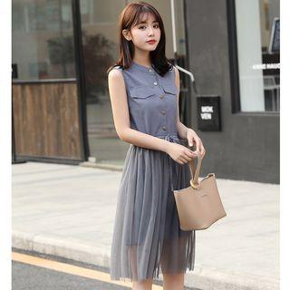 Set: Plain Sleeveless Shirt Dress + Mesh Midi Skirt