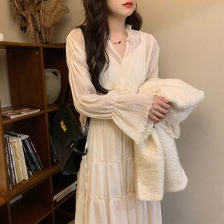 Long-sleeve Tiered Midi A-line Dress / Slipdress / Fluffy Button Jacket