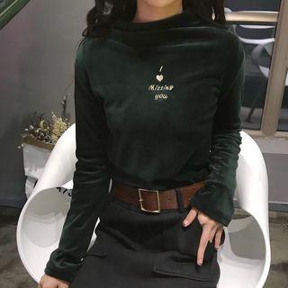 Embroidered Velvet Mock Neck Long-sleeve T-shirt