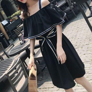 Tie Waist Off-shoulder Elbow-sleeve Dress