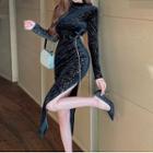 Long-sleeve Velvet Mock-neck Asymmetrical Sheath Dress