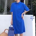 Elbow-sleeve Midi Polo Dress Blue - One Size