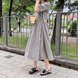 Notch-lapel Long Gingham Dress