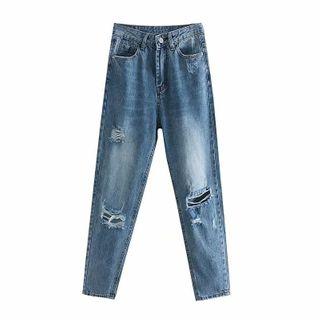 High-waist Ripped Straight-fit Jeans