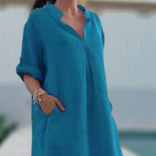 Elbow-sleeve Open-placket Shift Dress