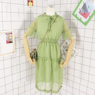 Elbow-sleeve Striped Chiffon A-line Dress