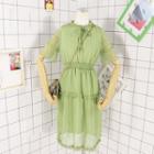Elbow-sleeve Striped Chiffon A-line Dress