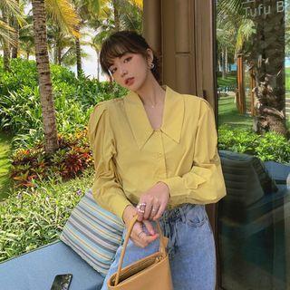 Shirred Puff-sleeve Plain Shirt