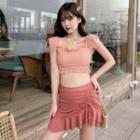 Set : Ruffle Swimsuit + Drawstring Swim Skirt Pink + Red - One Size