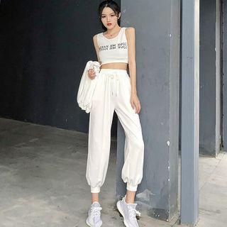 Lettering Crop Tank Top / Harem Pants / Open-back Long-sleeve Top