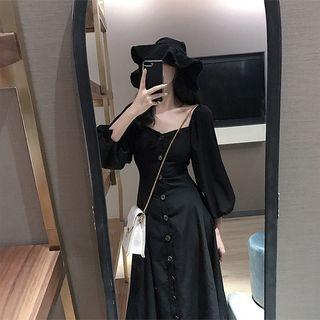 Single-breasted Square-neck Puff-sleeve Midi A-line Dress
