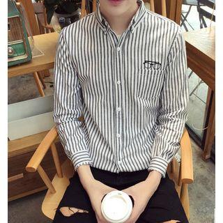 Pinstripe Embroidered Long-sleeve Blouse