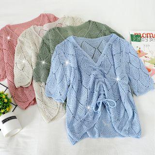 Drawstring Short-sleeve Pointelle-knit Top