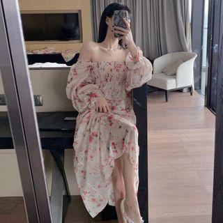 Off-shoulder Midi Floral Chiffon Dress As Shown In Figure - One Size
