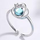 925 Sterling Silver Rhinestone Glass Bead Open Ring Light Blue & Silver - One Size