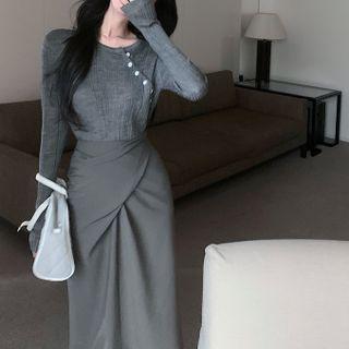 Asymmetrical Ribbed Knit Top / Midi A-line Skirt / Set