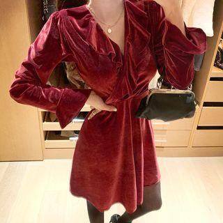 Frill-trim Velvet Wrap Dress