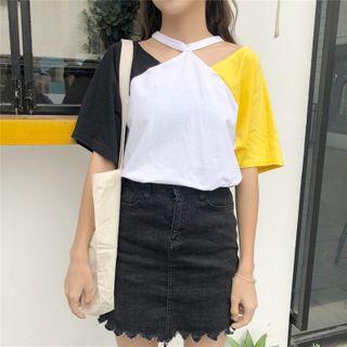 Color Panel Cut-out Elbow-sleeve T-shirt