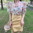 Set: Floral Printed Puff Sleeve Shirt + Plain Skirt