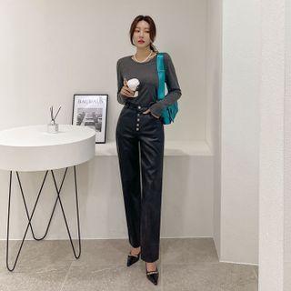 Button-detail Pleather Straight-leg Pants