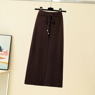 Drawstring Knit Midi A-line Skirt