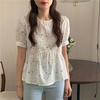 Puff Sleeve Embroidered Eyelet Lace Peplum Top