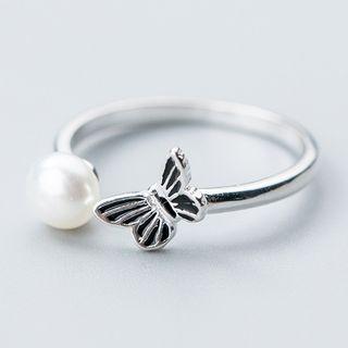 925 Sterling Silver Faux Pearl Butterfly Open Ring