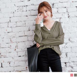 Long Sleeve Deep V-neck Dip Back Loose-fit Blouse