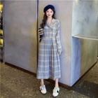 Plaid Long-sleeve Midi Collared Dress As Shown In Figure - One Size