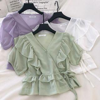 Ruffled Wrap Puff-sleeve Chiffon Blouse