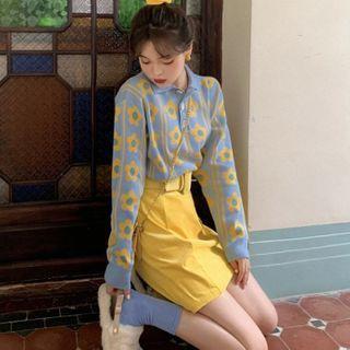 Set: Flower Print Knit Polo Shirt + Plain Mini A-line Skirt
