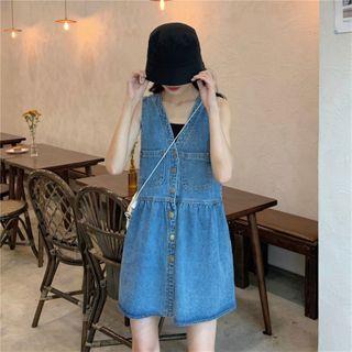 Sleeveless Buttoned Denim A-line Mini Dress