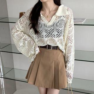 Perforated Collared Knit Top Off-white - One Size