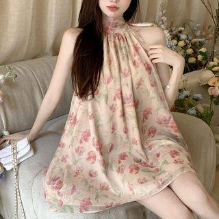 Sleeveless Halter Neck Print Mini A-line Dress Almond - One Size