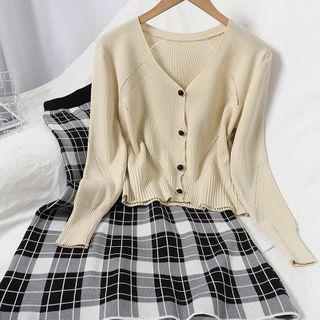 Set: Cardigan + Plaid Midi Knit Skirt Cardigan - Almond - One Size / Skirt - Black - One Size
