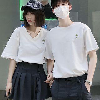 Couple Matching Embroidered Short-sleeve T-shirt / High Waist Pleated Skirt / Plain Shorts