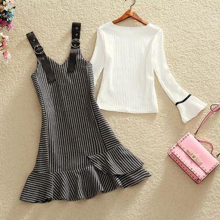 Set: Contrast Trim Long Sleeve T-shirt + Pinstriped Pinafore Dress