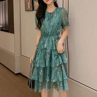 Short-sleeve Frill Trim Floral Chiffon A-line Midi Tiered Dress