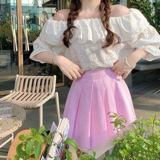 Off-shoulder Ruffled Eyelet Lace Blouse White - One Size