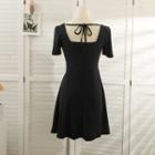 Pearl-trim Square-neck Mini Dress Black - One Size
