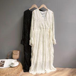 Long-sleeve Draped Chiffon Midi Dress