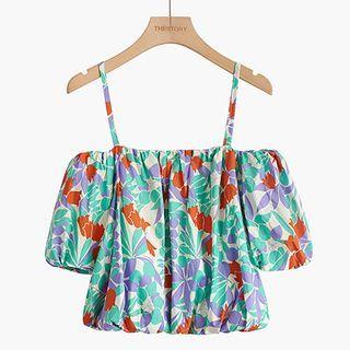 Short-sleeve Floral Print Off Shoulder Blouse Purple - One Size