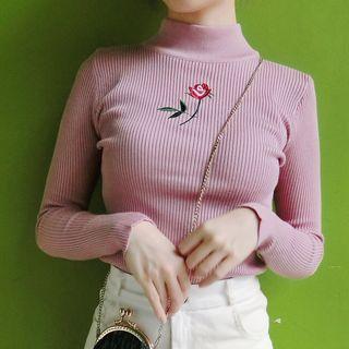 Flower Embroidered Mock Neck Long Sleeve Knit Top