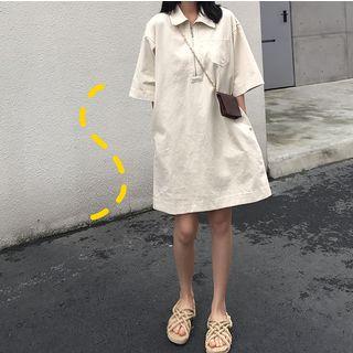 Elbow-sleeve Zip-up Polo Dress Almond - One Size