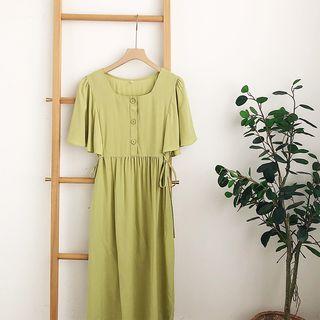 Ruffle-sleeve Buttoned A-line Dress Green - One Size