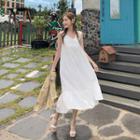 Sleeveless Ruffle-hem Linen Dress White - One Size