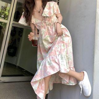 Cap-sleeve Tie-dyed Drawstring Midi A-line Dress Pink & Green & White - One Size