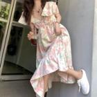 Cap-sleeve Tie-dyed Drawstring Midi A-line Dress Pink & Green & White - One Size